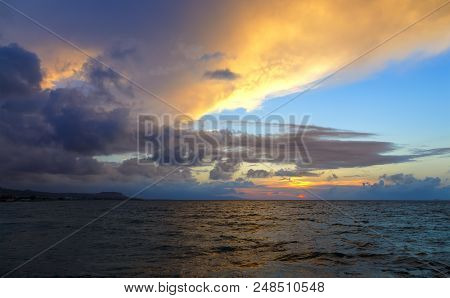 Amazing Scenic Landscape Taken During Wonerful Sunset On Sea. Island Crete In Background With Clouds