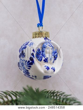 Blue Delftware Christmas Tree Toy Netherlands Closeup Shallow Dof