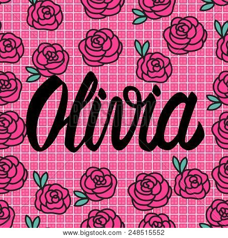 Olivia Name Card With Lovely Pink Roses. Vector Illustration. Cartoon Romantic Garden Style