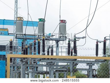Power Transformer In High Voltage Switchyard In Modern Electric Substation, Power Station, Energy