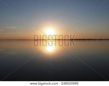 Sun Set Over Artificial European Goczalkowice Reservoir And Coastline Near Pszczyna City In Poland W