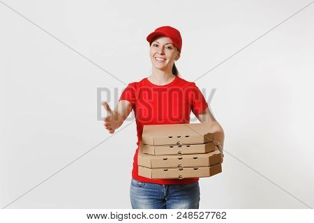 Delivery Woman In Red Cap, T-shirt Giving Food Order Pizza Boxes Isolated On White Background. Femal