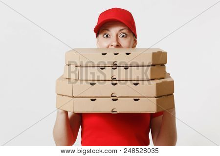 Woman In Red Cap, T-shirt Giving Food Order Pizza Boxes Isolated On White Background. Female Pizzama