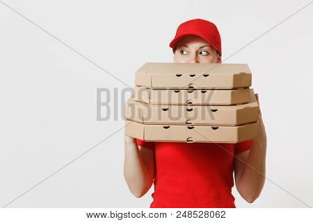 Woman In Red Cap, T-shirt Giving Food Order Pizza Boxes Isolated On White Background. Female Pizzama