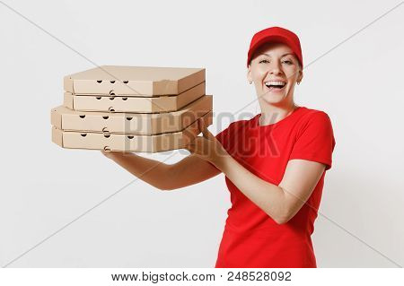 Woman In Red Cap, T-shirt Giving Food Order Pizza Boxes Isolated On White Background. Female Pizzama