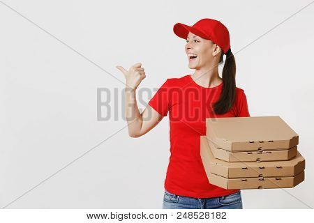 Woman In Red Cap, T-shirt Giving Food Order Pizza Boxes Isolated On White Background. Female Pizzama
