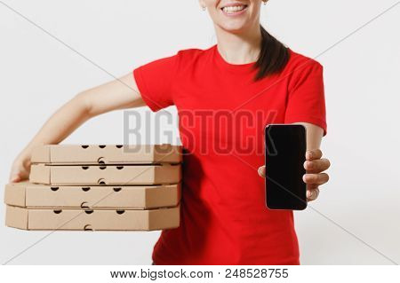 Woman In Red Cap, T-shirt Giving Food Order Italian Pizza In Cardboard Flatbox Boxes Isolated On Whi