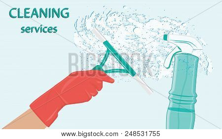 Cleaning Service - Soap Foam, Spray, Hand In Rubber Glove, Windshield Wiper - Art Vector