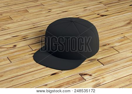 Black Blank Snapback On The Wooden Floor. 3d Rendering