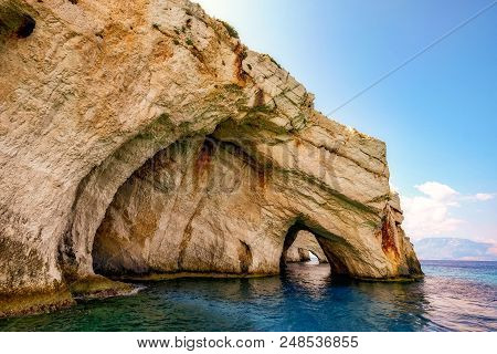 Ocean Coastline Rock Formations At Blue Caves, Zakynthos Island, Greece