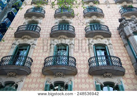 Barcelona, Spain - March 30, 2016: Balconies On Casa Ramos Building Facade In Barcelona. Modernist A