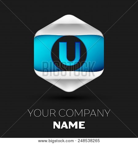 Realistic Blue Letter U Logo Symbol In The Colorful Silver-blue Hexagonal Shape On Black Background.