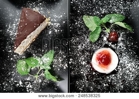 Photo Of Italian Panna Cotta Dessert With Strawberry Sirup And Cake With Nuts And Chocolate On The B