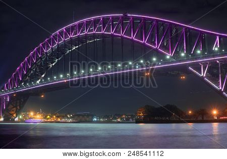 Close Up Harbour Bridge Sydney Highly Illuminated With Pink Lights View From Milson Point During Ann
