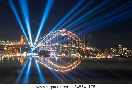 Close Up Harbour Bridge Sydney Highly Illuminated With Lights View From Milson Point During Annual V