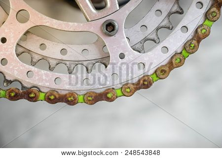 Close Up Selective Focus Rusty Old Metal Chain Wheel Of Vintage Bicycle