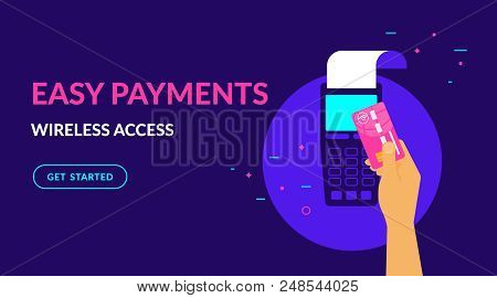 Pay By Credit Card Wirelessly And Easy Flat Vector Neon Illustration For Ui Ux Web Design With Text 