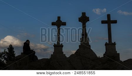 Slavkovsky Les Mountains In Summer Sunny Nice Morning Near Krizky Area With Silhouette Of Woman