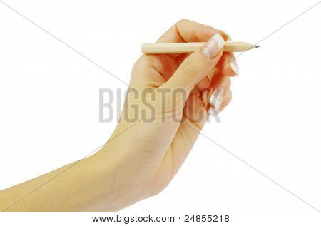 Crayon en main femme isolé sur fond blanc
