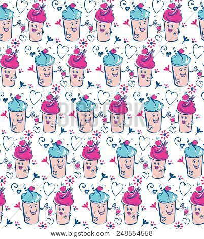 Girl And Boy Ice Cream Character And Cherry, Pink Heart. The Boy Gives The Cherry To The Girl. Seaml