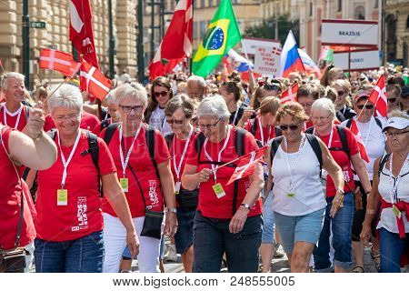 Prague, Czech Republic - July 1, 2018: Swiss Visitors Parading At Sokolsky Slet, A Once-every-six-ye
