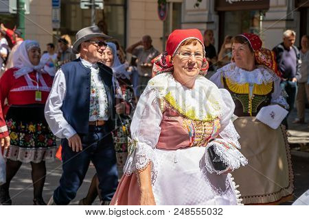 Prague, Czech Republic - July 1, 2018: People In Folk Costumes At Sokolsky Slet, A Once-every-six-ye