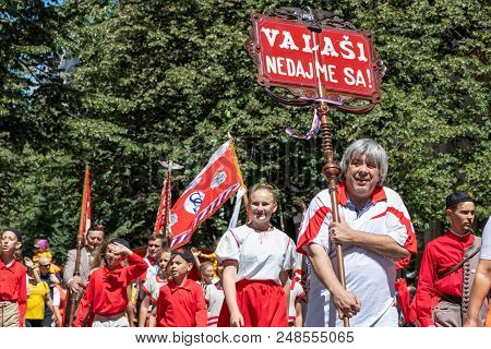 Prague, Czech Republic - July 1, 2018: People From The Valassko Region Parading At Sokolsky Slet, A 