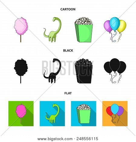 Sweet Cotton Wool On A Stick, A Toy Dragon, Popcorn In A Box, Colorful Balloons On A String. Amuseme