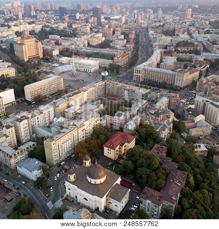 Aerial View Of The Central Street Of Kiev - Khreshchatyk, The European Square, Independence Square, 