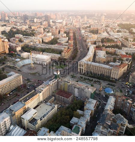 Aerial View Of The Central Street Of Kiev - Khreshchatyk, The European Square, Independence Square, 
