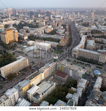 Aerial View Of The Central Street Of Kiev - Khreshchatyk, The European Square, Independence Square, 