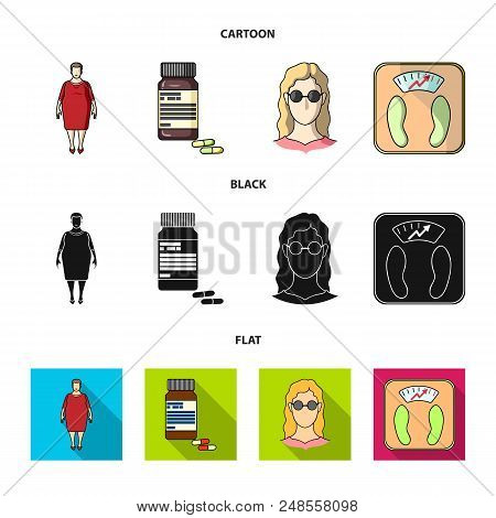 Full Woman, A Girl With Glasses, A Scales With Exquisite Result. Diabeth Set Collection Icons In Car