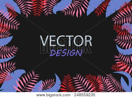 Vector Neon Banner With Palm Leaves. Frame Design For Text. Banner With Tropical Plants. Tropical Le