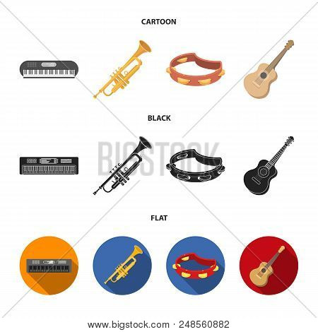 Electro Organ, Trumpet, Tambourine, String Guitar. Musical Instruments Set Collection Icons In Carto