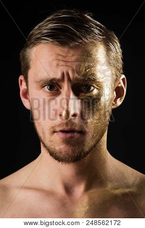 Luxury Concept. Luxury Golden Mask Fon Skin Of Man. Man With Luxury Collagen On Face. Gold Is A Luxu