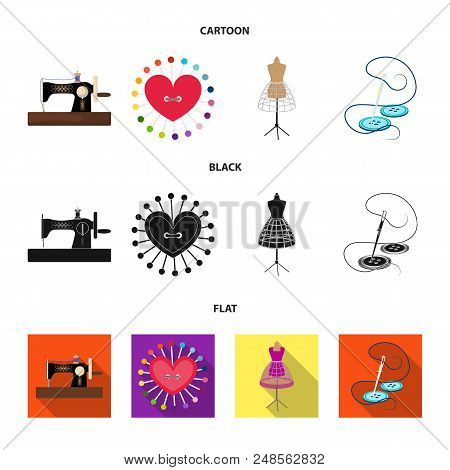 Needle And Thread, Sewing Machine, Pincushion, Dummy For Clothing. Sewing And Equipment Set Collecti