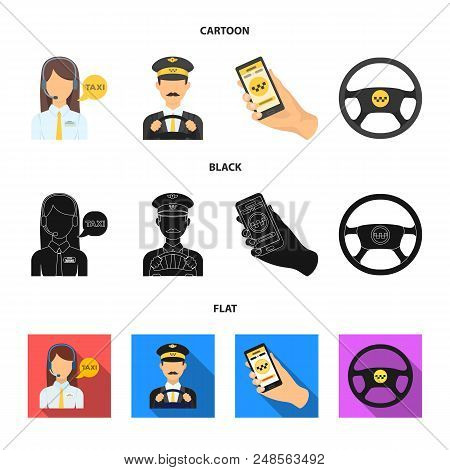 A Taxi Driver With A Microphone, A Taxi Driver At The Wheel, A Cell Phone With A Number, A Car Steer