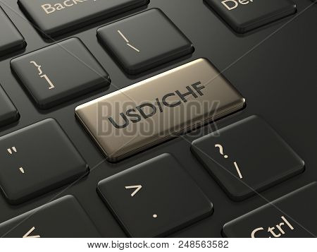 3d Render Of Computer Keyboard With Swiss Franc And Amierican Dollar Button. Forex Currency Pairs Co