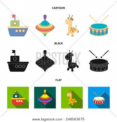 Ship, Yule, Giraffe, Drum.toys Set Collection Icons In Cartoon, Black, Flat Style Vector Symbol Stoc