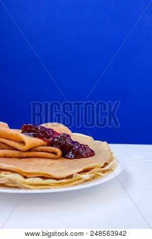 Russian Blini Pancakes , Apple Jam And Condensed Milk. Celebration Of Maslenitsa. Maslenitsa Is An E