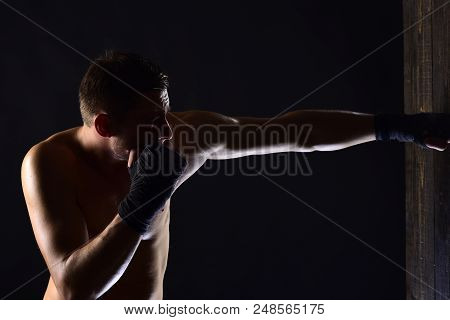 Punch. Man Fight And Make Hit With Punch. Punch For Success. Man With Strap On Punch For Boxing. Tra