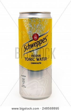 Huettenberg, Germany: June 2018: Photo Of Indian Tonic Water Can Carbonated Beverages Made By Schwep