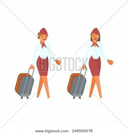 Stewardesses Characters With Suitcase. Beautiful Flight Attendants, Air Hostess Go To The Airplane B