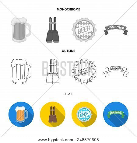 Shorts With Suspenders, A Glass Of Beer, A Sign, An Emblem. Oktoberfest Set Collection Icons In Flat