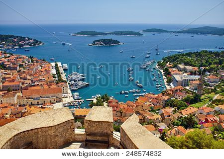 Wonderful Panoramic View Of Hvar City And The Harbor From The Spanish Fortress In Coratia