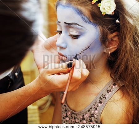 Little Cute Child Making Facepaint On Birthday Party, Zombie Apocalypse Facepainting, Halloween Prep