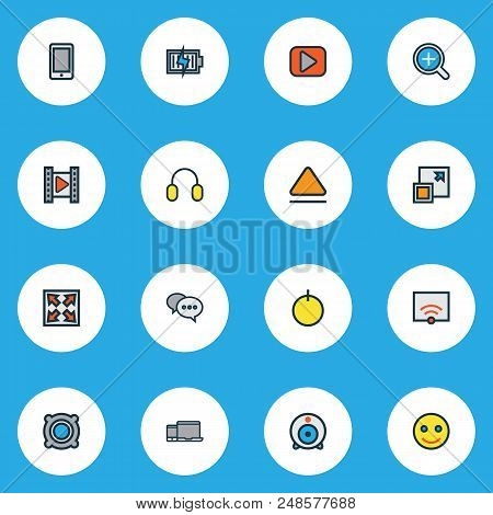 Music Icons Colored Line Set With Speaker, Eject, Headphone And Other Maximize Elements. Isolated  I