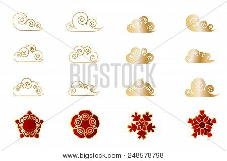 Asian China Japan Cloud Shape Flower Set. Red Stylised Sakura Bud Geometric Golden Leaf. Traditional