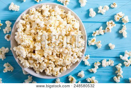 Popcorn Snack In Bowl . Pop Corn Ready To Wath Cinema