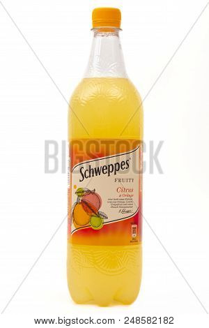 Huettenberg, Germany- 26.06.2018: Bottle Of Schweppes Lemon Soda. Schweppes Comp. Is A Beverage Manu